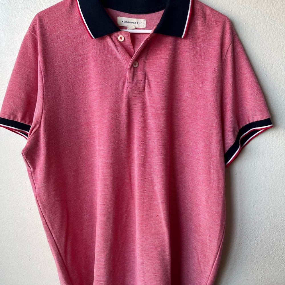 Aeropostale Men's Heather Pink Polo with Navy Contrast Collar